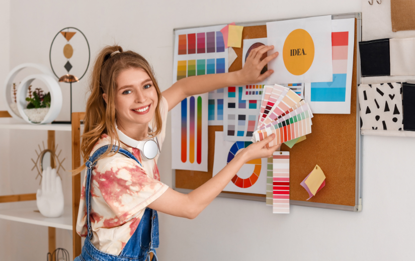 Smiling designer arranging color swatches and branding ideas on a board, showcasing eCommerce branding strategies.